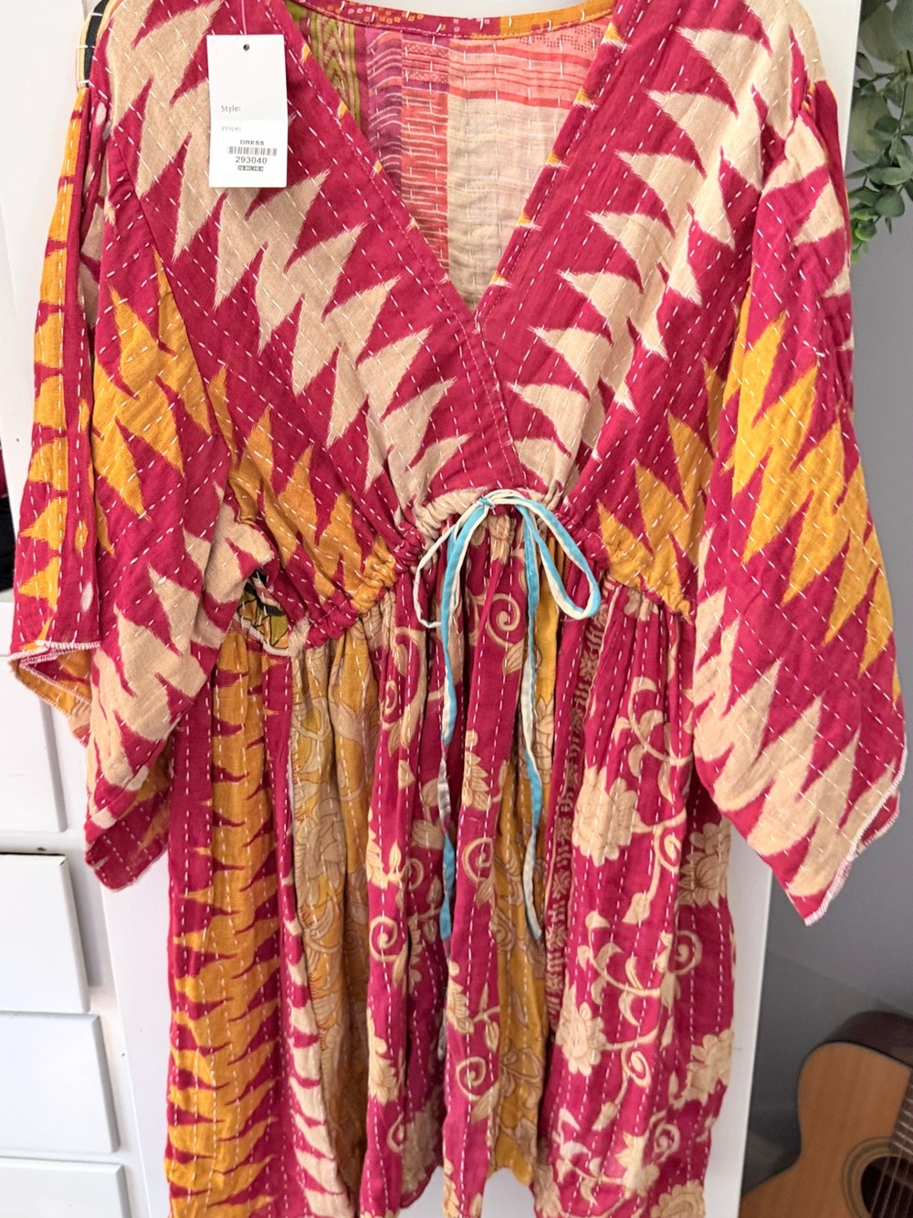Kantha- Bohemian Drawstring Casual Dress in Pink and Yellow - Picture 2 of 9